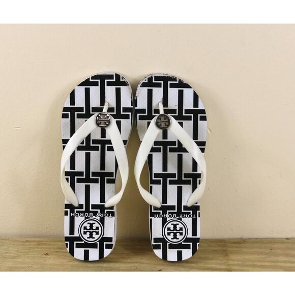 Tory Burch Flip Flops 7M Black White Reva Thong Geometric Sandals Shoes - Picture 1 of 8